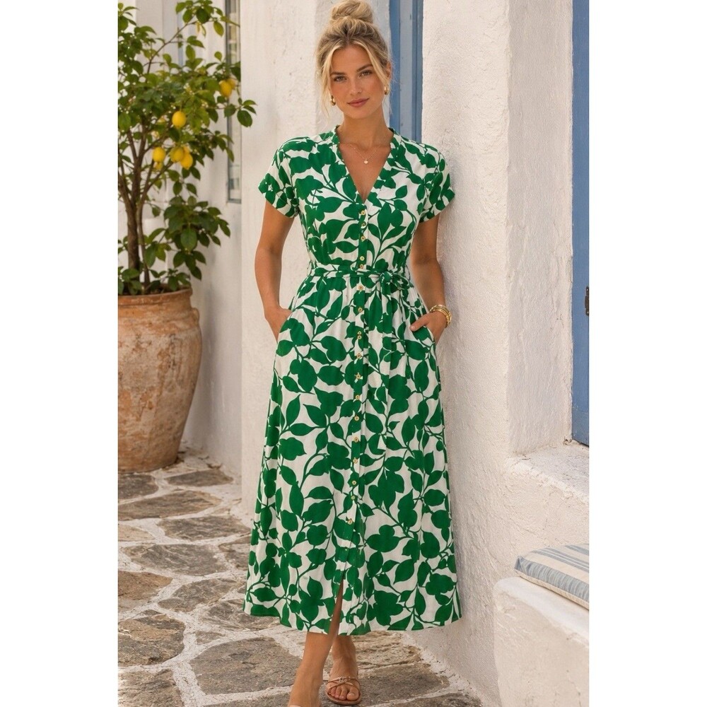 Zara Belted Botanical Print Dress Green White Button Front Midi Resort